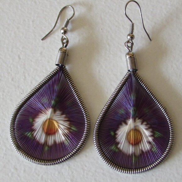 Purple Floral Woven String Art Dangle Earrings Silver Tone - Picture 3 of 8